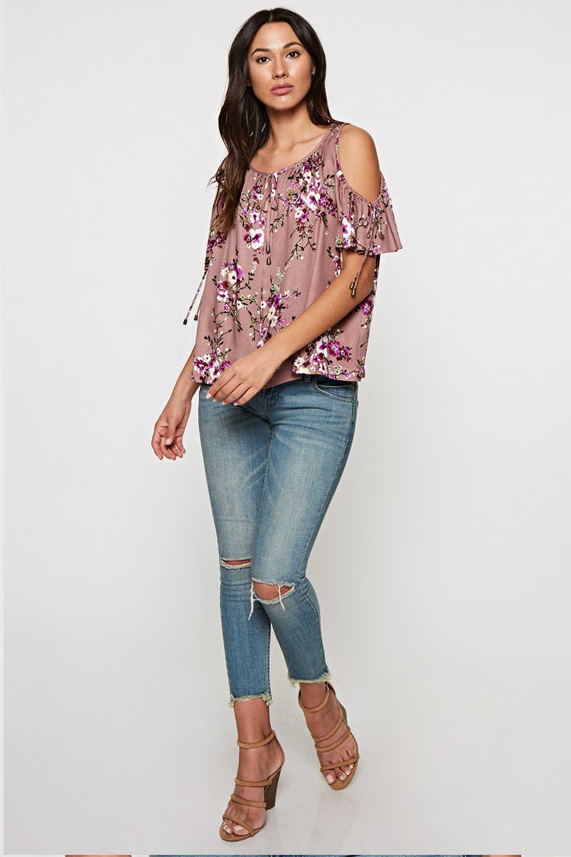 Sweet as Chic - Floral Cold Shoulder Top Lavender