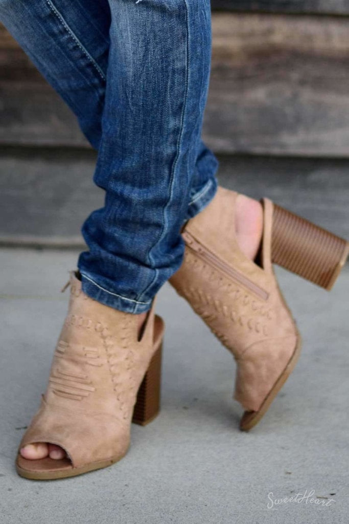 Yours Solely - Chunky Heel Peep Toe Booties Tan