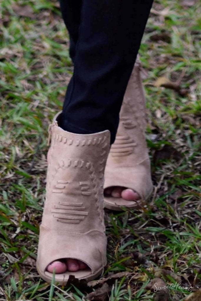 Yours Solely - Chunky Heel Peep Toe Booties Tan