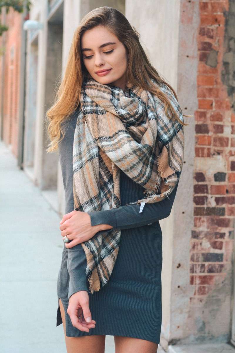 Plaid Blanket Scarf - Beige
