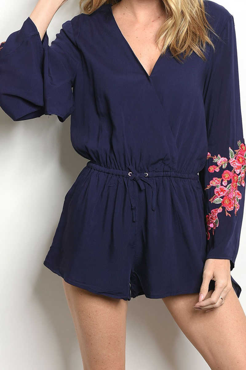 Almost To Heaven- Embroidered Romper Navy