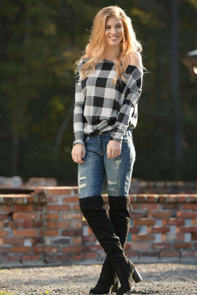 Comfort To Touch Plaid Sweater - Heather Gray