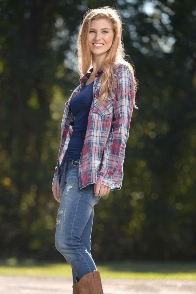 Country Kiss - Flannel Blue & Red Shirt Tops