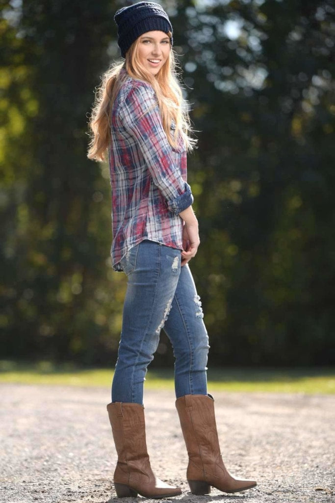 Country Kiss - Flannel Blue & Red Shirt Tops