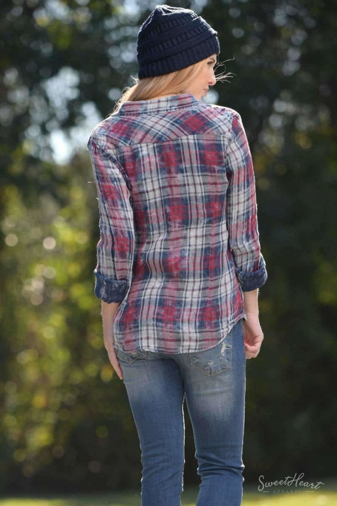 Country Kiss - Flannel Blue & Red Shirt Tops
