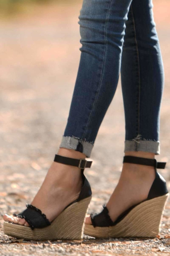 Shoe Me Luv! - Frayed Black Wedges
