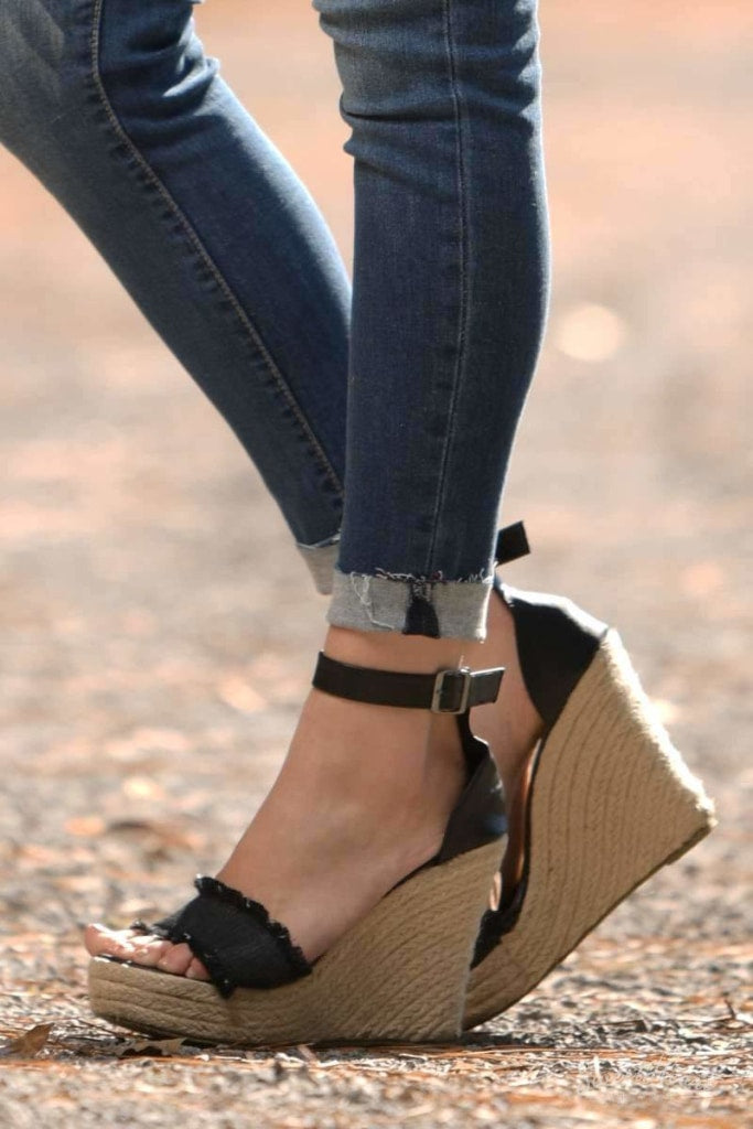 Shoe Me Luv! - Frayed Black Wedges