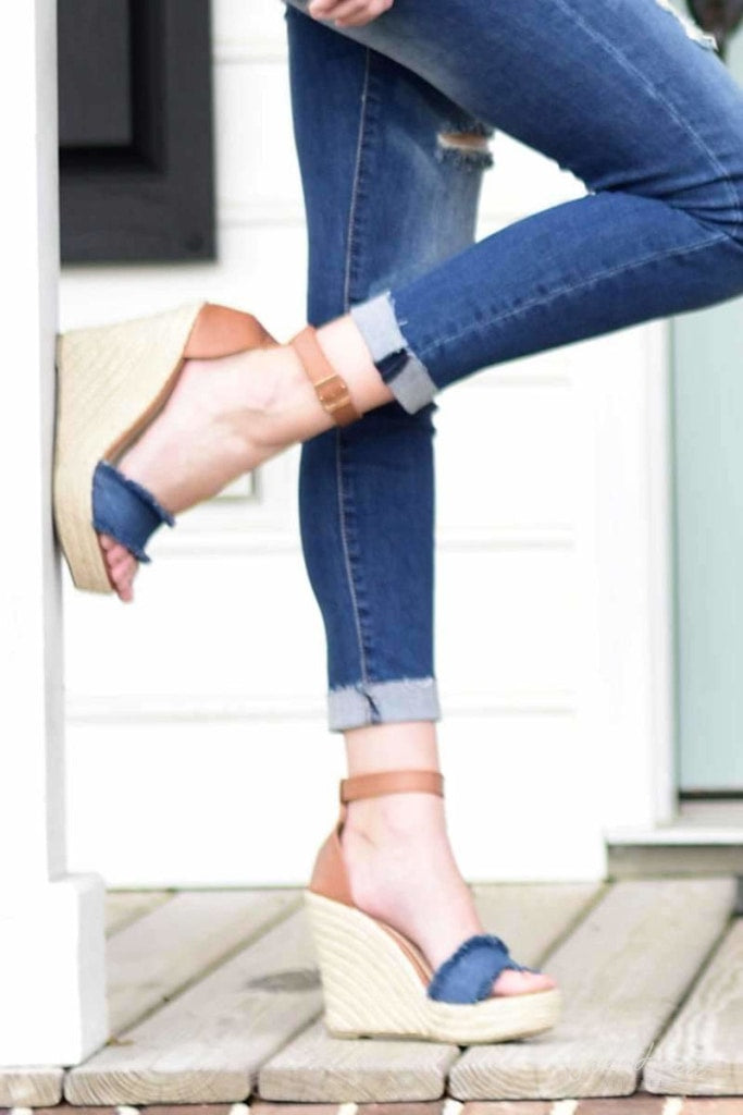 Shoe Me Luv! - Frayed Denim Wedges