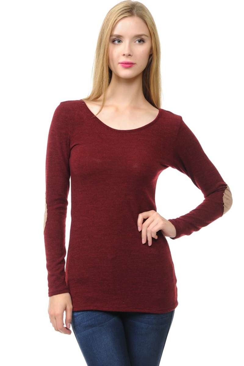 Wear We Meet - Solid Elbow Patch Top in Burgundy