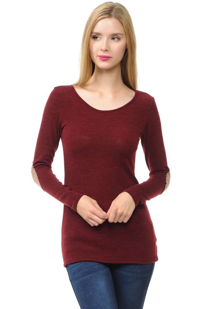 Wear We Meet - Solid Elbow Patch Top in Burgundy