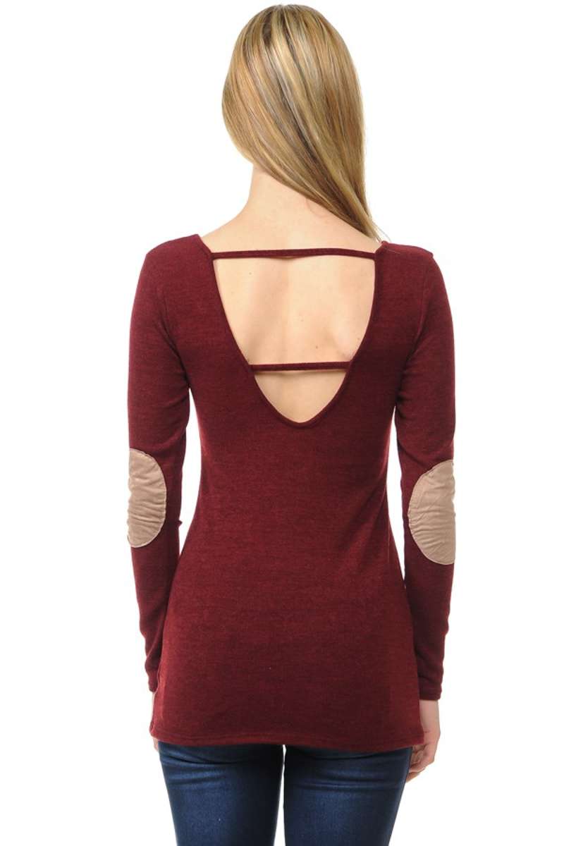 Wear We Meet - Solid Elbow Patch Top in Burgundy