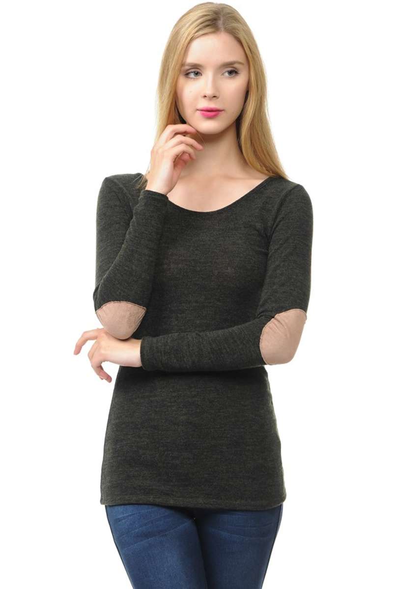 Wear We Meet - Solid Elbow Patch Top in Charcoal