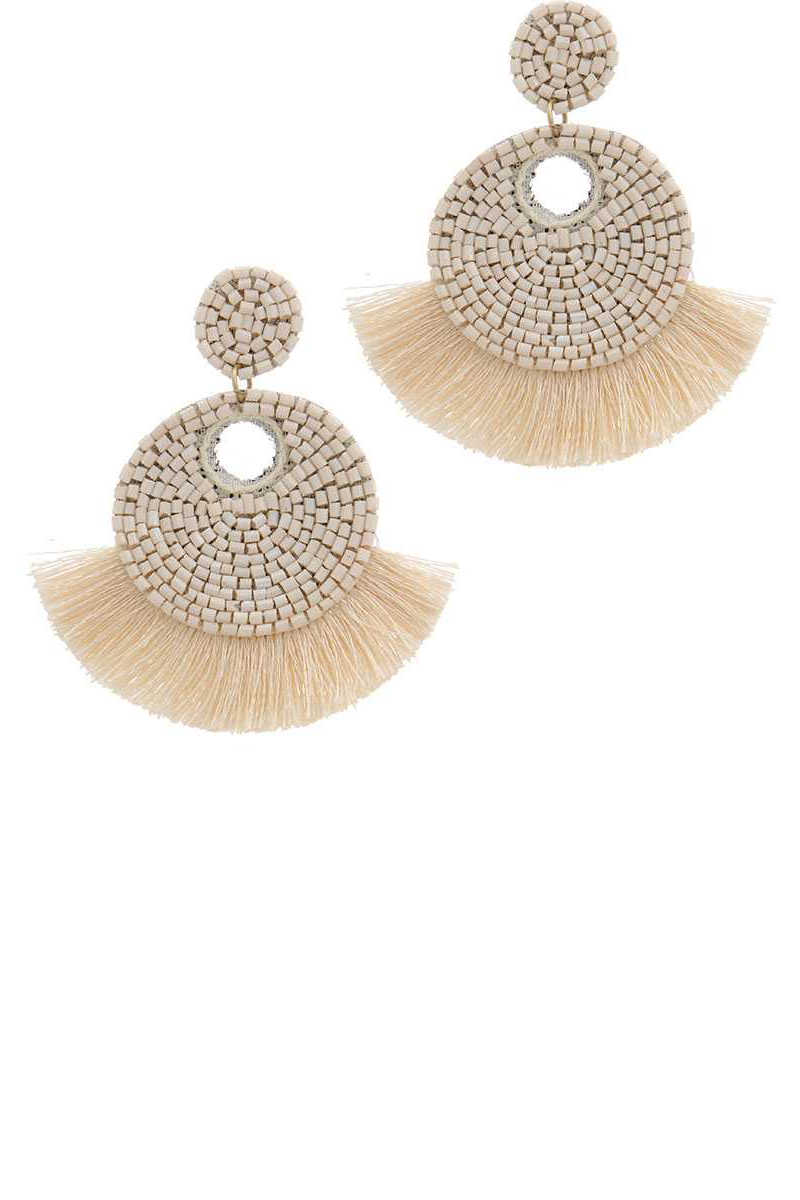 Tropical Tornadoes - Beaded Fan Tassel Drop Earrings Ivory