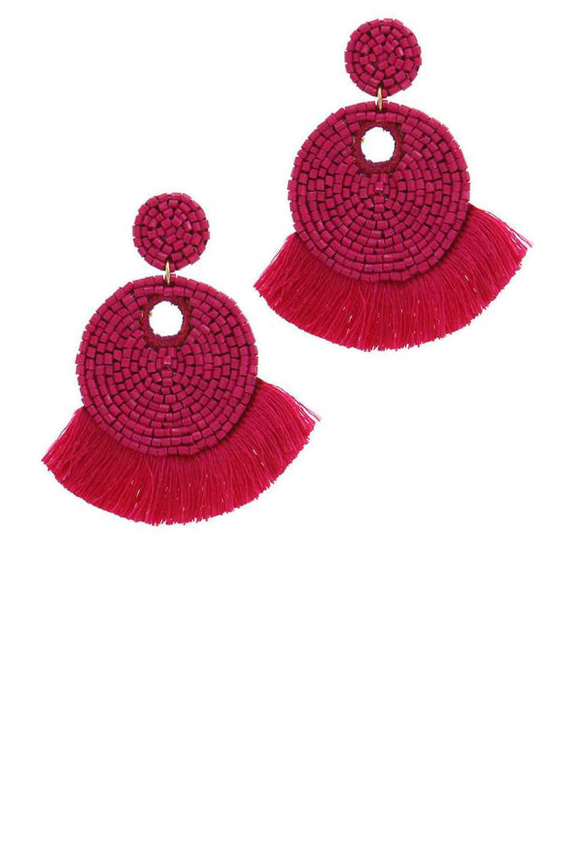 Tropical Tornadoes - Beaded Fan Tassel Drop Earrings Red