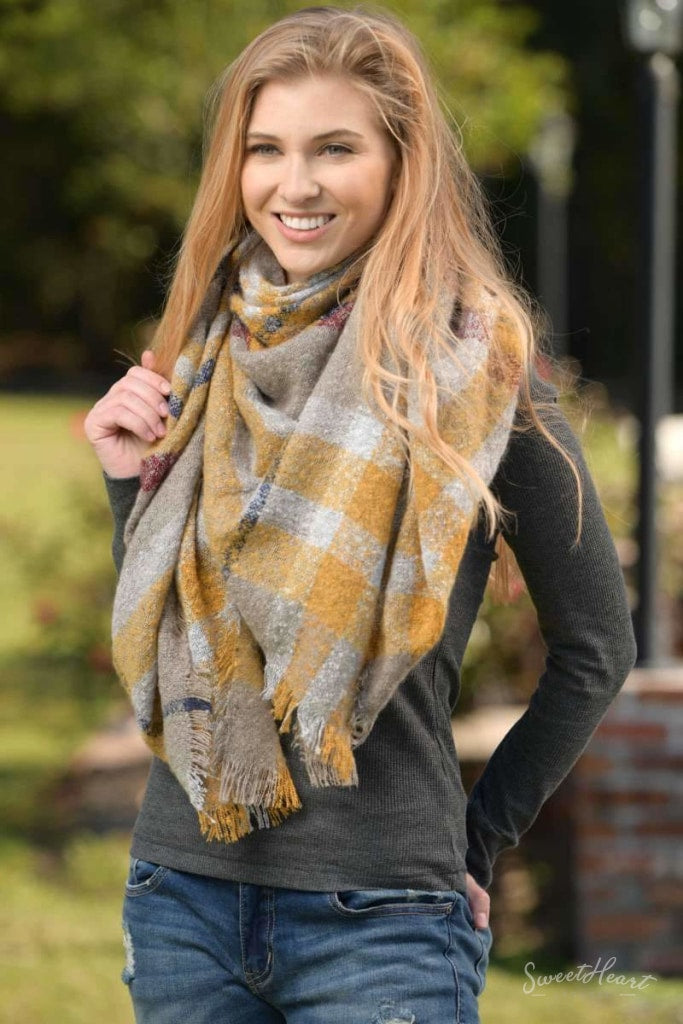 Warm Embrace Blanket Scarf - Beige & Mustard Scarves