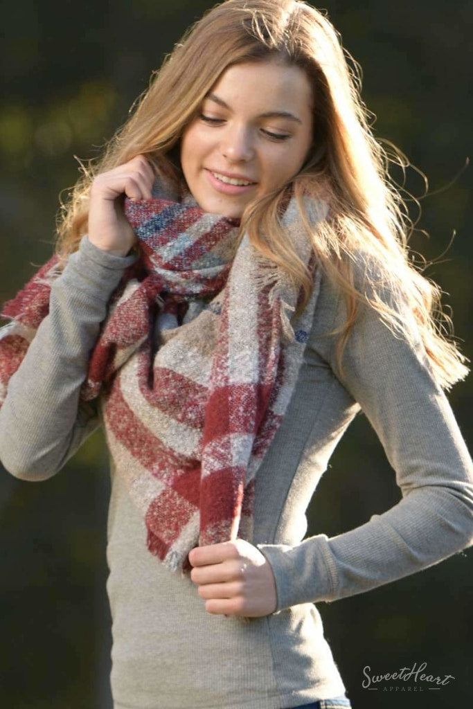 Warm Embrace Blanket Scarf - Slate & Burgundy