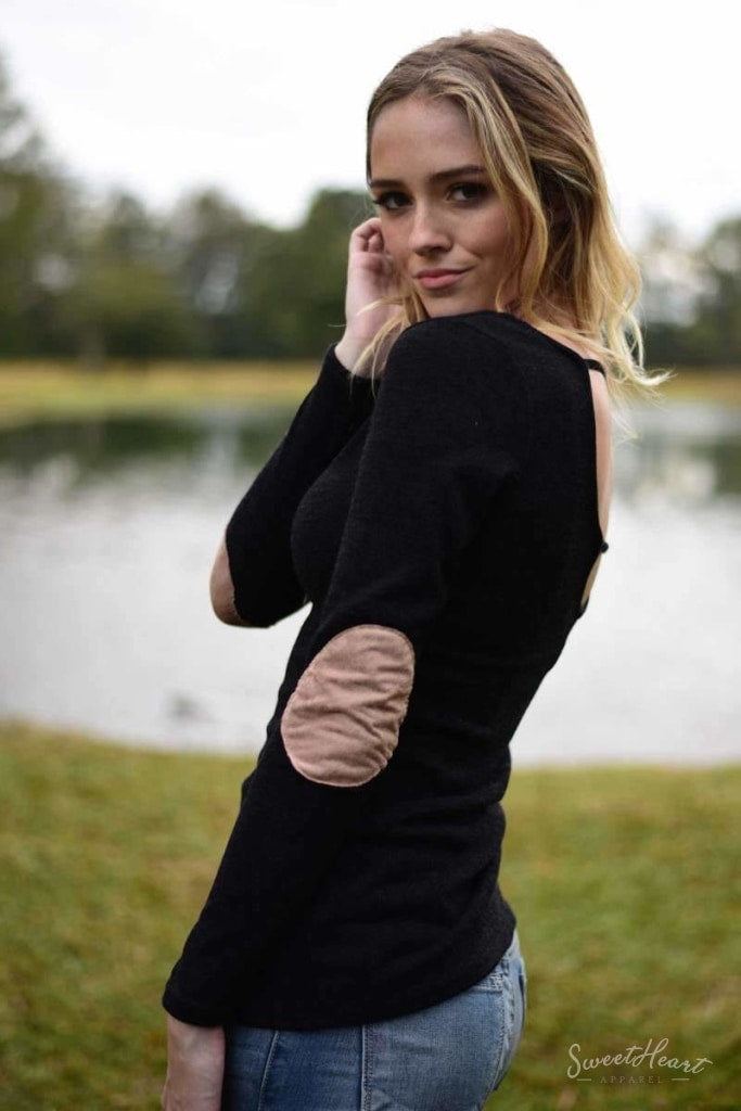 Wear We Meet - Solid Elbow Patch Top In Black
