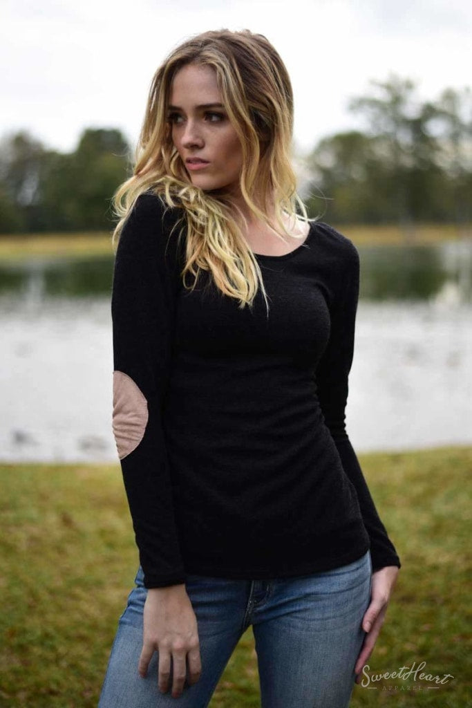 Wear We Meet - Solid Elbow Patch Top In Black
