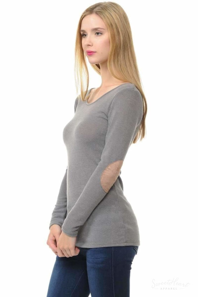 Wear We Meet - Solid Elbow Patch Top In Sage