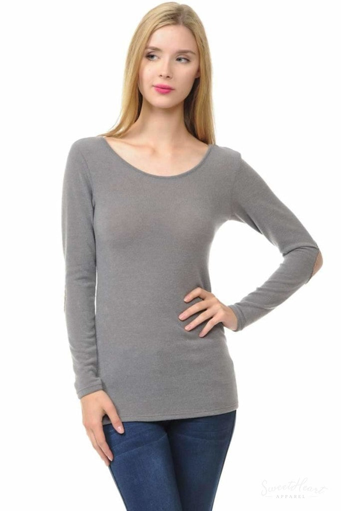 Wear We Meet - Solid Elbow Patch Top In Sage